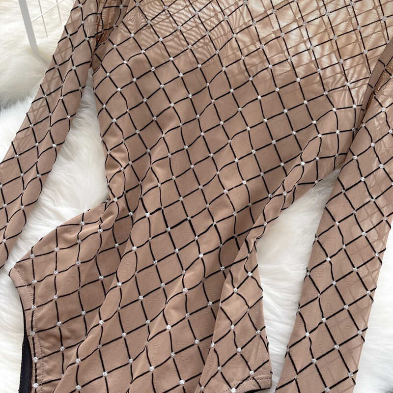 Ins Fashion See Through Mesh Body Női garbó hosszú ujjú kockás Skinny Bodycon Jumpsuit Női Szexi Clubwear test felsők