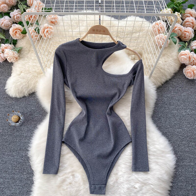 Sexy Hollow Out One plecu bodijs ar garām piedurknēm sievietēm, stingrs, slaids O veida kakla izgriezums, ikdienišķs pavasara rudens bodikons