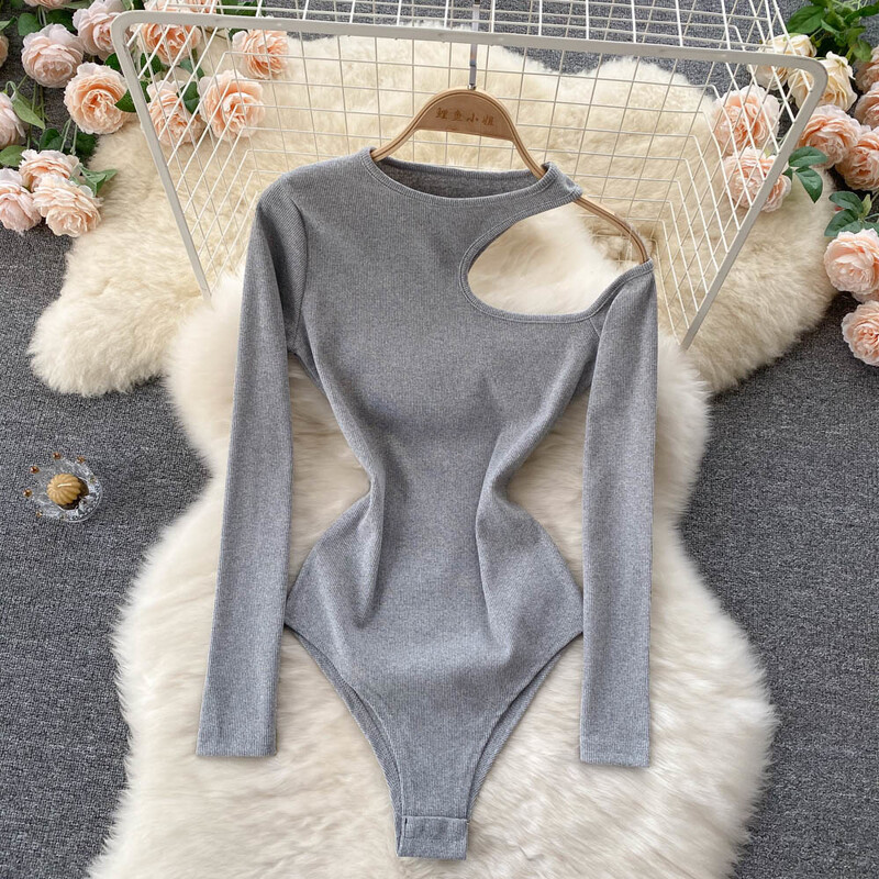 Sexy Hollow Out One plecu bodijs ar garām piedurknēm sievietēm, stingrs, slaids O veida kakla izgriezums, ikdienišķs pavasara rudens bodikons