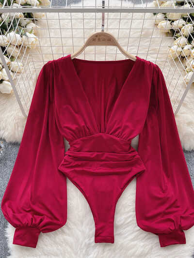 Eleganti sieviešu bodiji ar dziļu V kakla izgriezumu vienkrāsaini pavasara vasaras garās piedurknes ar augstu vidukli Slim klubu ballītes ķermeņa topi