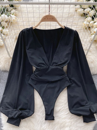 Eleganti sieviešu bodiji ar dziļu V kakla izgriezumu vienkrāsaini pavasara vasaras garās piedurknes ar augstu vidukli Slim klubu ballītes ķermeņa topi