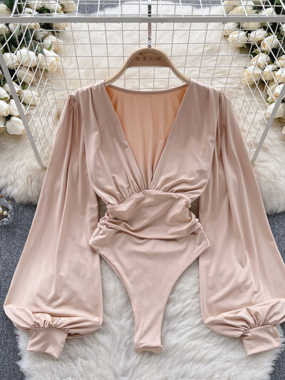 Eleganti sieviešu bodiji ar dziļu V kakla izgriezumu vienkrāsaini pavasara vasaras garās piedurknes ar augstu vidukli Slim klubu ballītes ķermeņa topi