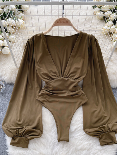 Eleganti sieviešu bodiji ar dziļu V kakla izgriezumu vienkrāsaini pavasara vasaras garās piedurknes ar augstu vidukli Slim klubu ballītes ķermeņa topi