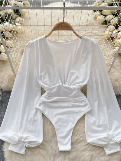 Eleganti sieviešu bodiji ar dziļu V kakla izgriezumu vienkrāsaini pavasara vasaras garās piedurknes ar augstu vidukli Slim klubu ballītes ķermeņa topi