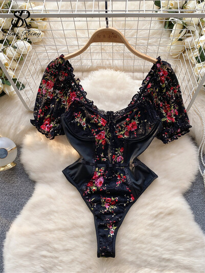 SINGREINY Europe Lace Sexy Bodysuits Madingi Senior Puff Sleeve Rompers 2023 Moterys Elegantiškas siuvinėjimas Ploni gėlių kostiumai