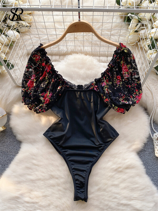 SINGREINY Europe Lace Sexy Bodysuits Madingi Senior Puff Sleeve Rompers 2023 Moterys Elegantiškas siuvinėjimas Ploni gėlių kostiumai