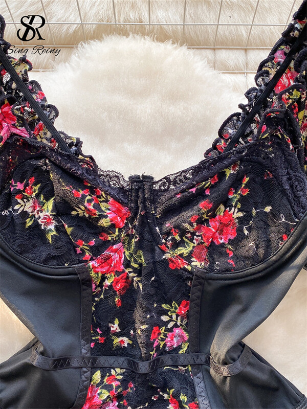 SINGREINY Europe Lace Sexy Bodysuits Madingi Senior Puff Sleeve Rompers 2023 Moterys Elegantiškas siuvinėjimas Ploni gėlių kostiumai