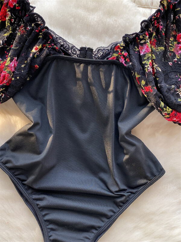 SINGREINY Europe Lace Sexy Bodysuits Madingi Senior Puff Sleeve Rompers 2023 Moterys Elegantiškas siuvinėjimas Ploni gėlių kostiumai