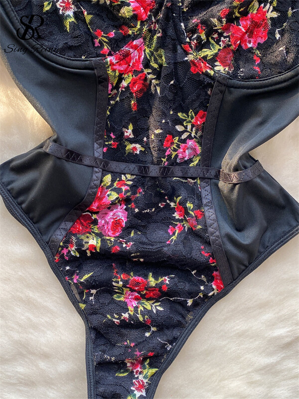 SINGREINY Europe Lace Sexy Bodysuits Madingi Senior Puff Sleeve Rompers 2023 Moterys Elegantiškas siuvinėjimas Ploni gėlių kostiumai