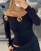 Topuri femei 2022 la modă la modă șic simplu cu umăr dezactivat cu ochiuri decor cu mânecă lungă sexy body skinny