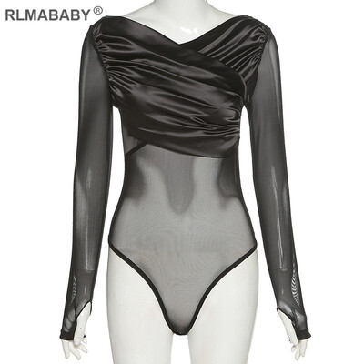 RLMABABY Sexy patchworkové priehľadné dámske body, úzke body s dlhým rukávom a výstrihom do O, jesenné a zimné módne sieťované body