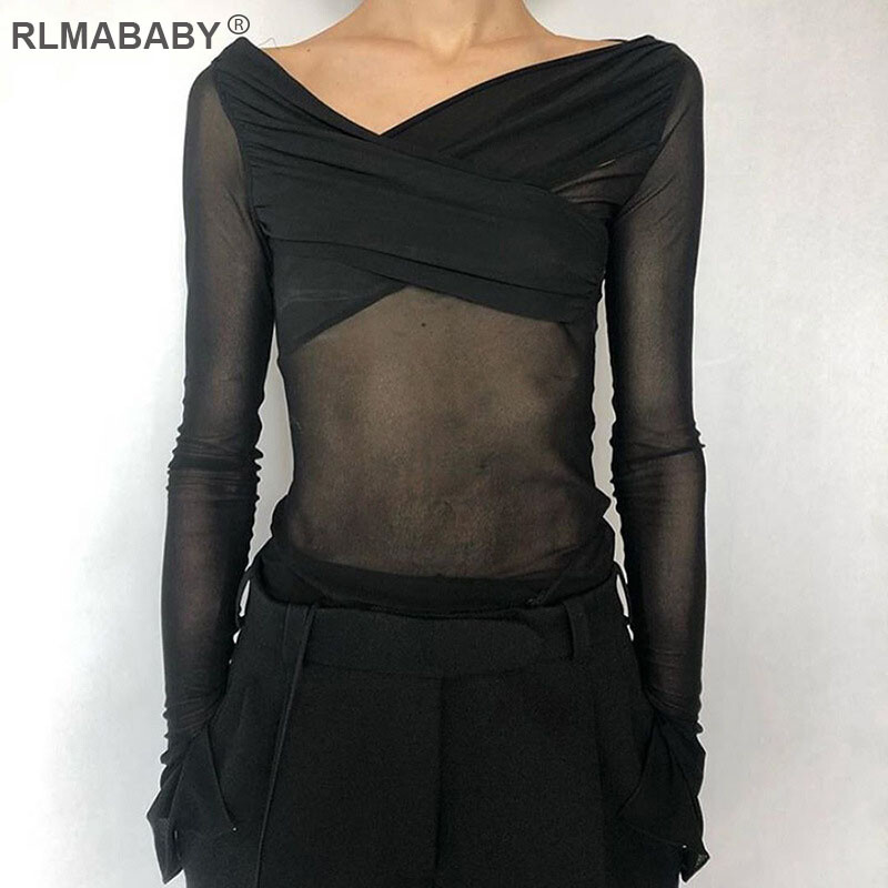 RLMABABY Sexy patchworkové priehľadné dámske body, úzke body s dlhým rukávom a výstrihom do O, jesenné a zimné módne sieťované body