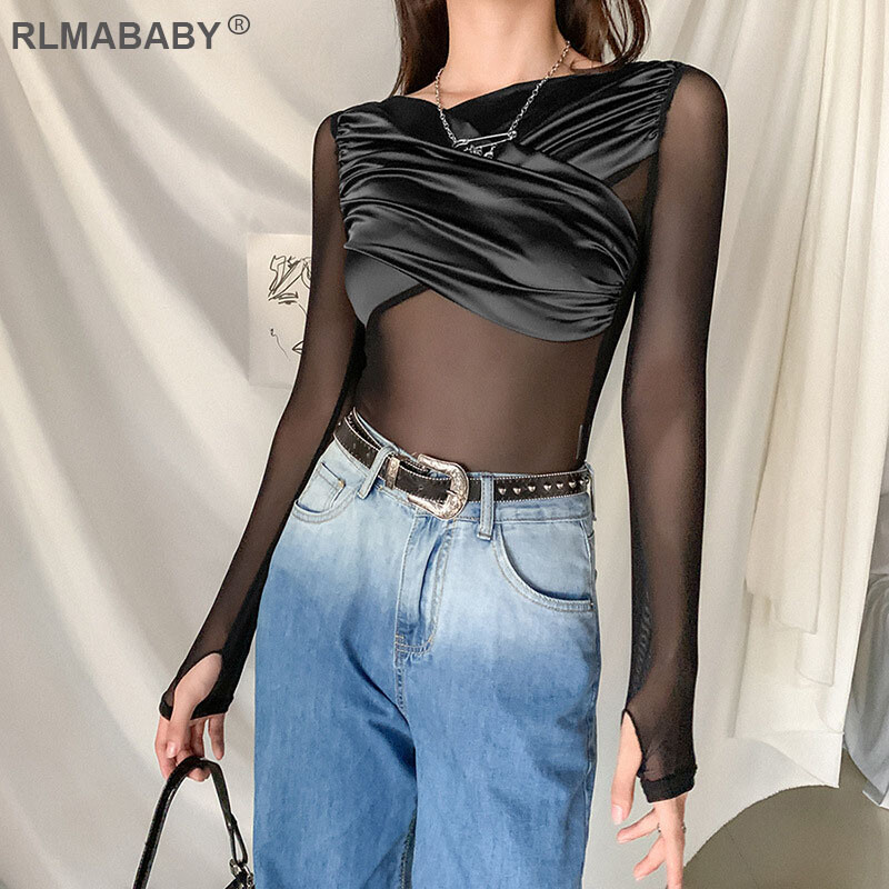 RLMABABY Sexy patchworkové priehľadné dámske body, úzke body s dlhým rukávom a výstrihom do O, jesenné a zimné módne sieťované body