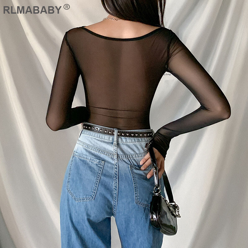 RLMABABY Sexy patchworkové priehľadné dámske body, úzke body s dlhým rukávom a výstrihom do O, jesenné a zimné módne sieťované body