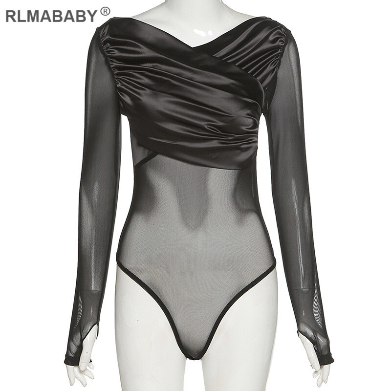 RLMABABY Sexy patchworkové priehľadné dámske body, úzke body s dlhým rukávom a výstrihom do O, jesenné a zimné módne sieťované body