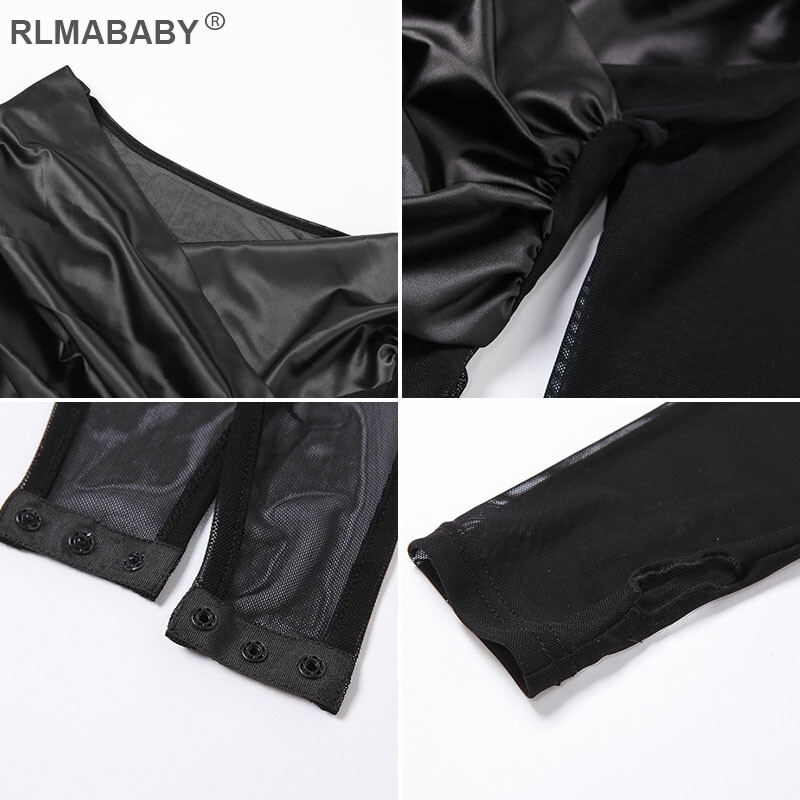 RLMABABY Sexy patchworkové priehľadné dámske body, úzke body s dlhým rukávom a výstrihom do O, jesenné a zimné módne sieťované body