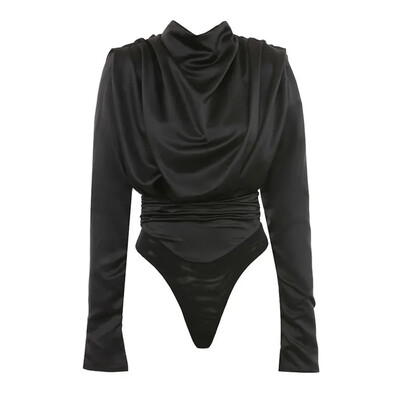 Saténové body, topy, dámsky top s dlhým rukávom, jar/jesenný overal, dámske streetwear, jednofarebná ružová blúzka s nariasenými rukávmi, čierne body