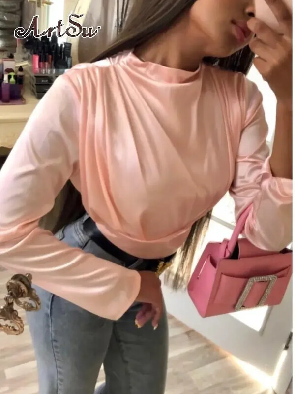 Saténové body, topy, dámsky top s dlhým rukávom, jar/jesenný overal, dámske streetwear, jednofarebná ružová blúzka s nariasenými rukávmi, čierne body