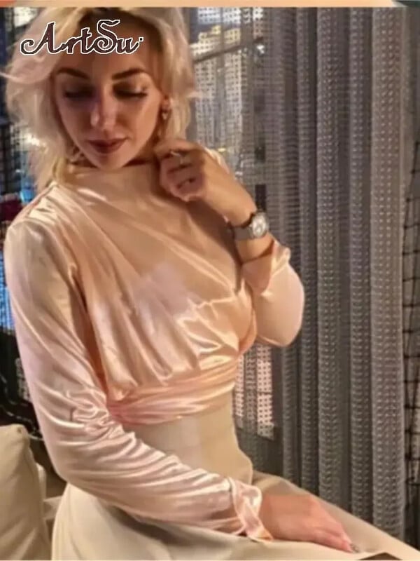 Saténové body, topy, dámsky top s dlhým rukávom, jar/jesenný overal, dámske streetwear, jednofarebná ružová blúzka s nariasenými rukávmi, čierne body