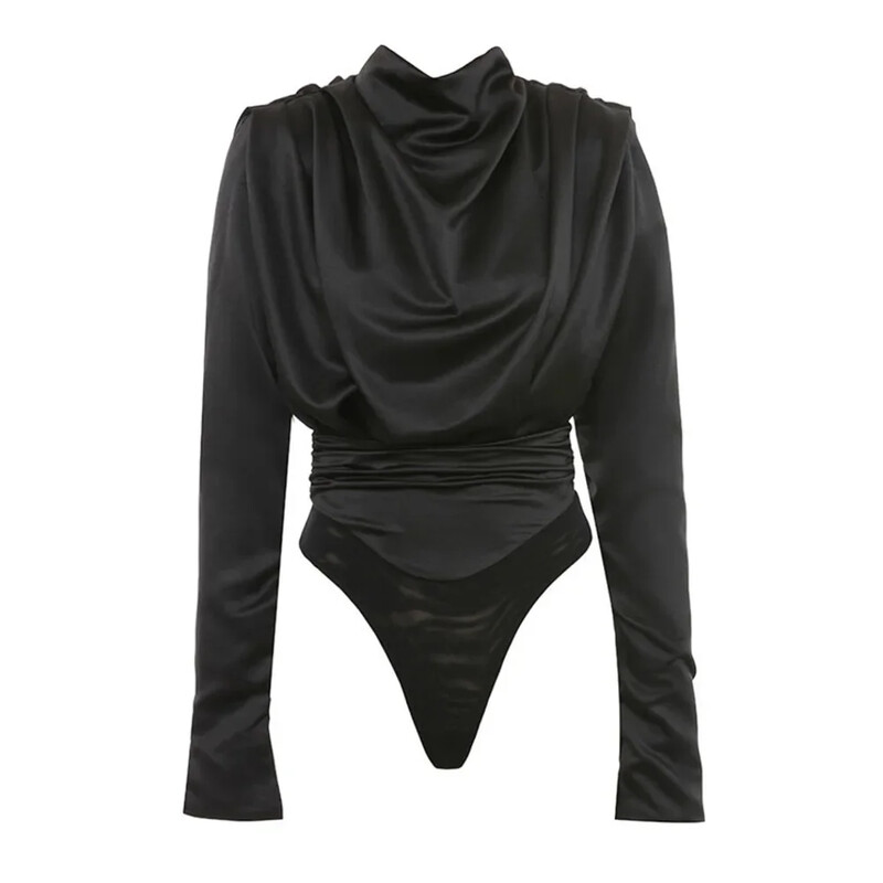 Saténové body, topy, dámsky top s dlhým rukávom, jar/jesenný overal, dámske streetwear, jednofarebná ružová blúzka s nariasenými rukávmi, čierne body