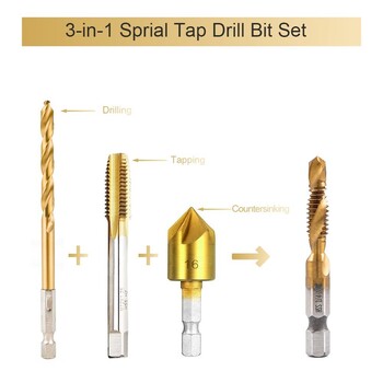 Σετ τρυπανιού με κοχλία Βιδωτό σπείρωμα τιτανίου, εξάγωνο στέλεχος HSS σπειροειδής συνδυασμός αυλού M3 M4 M5 M6 M8 M10 για ξύλο μέταλλο