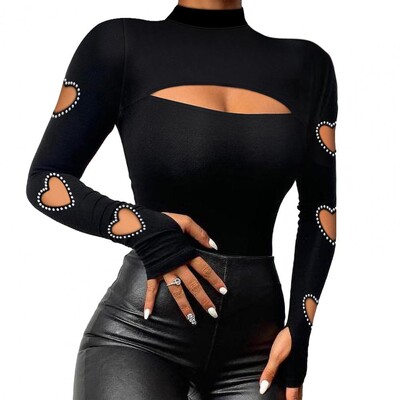 Sieviešu Slim Fit Tops Stilīgs Sieviešu Sexy Blūžu Kolekcija Izlikta kakla Apkakle Slim Fit T krekls ar mežģīņu šuvēm pērlītēm