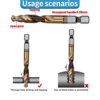 Σετ τρυπανιού βρύσης με επίστρωση κοβαλτίου Εξαγωνικό στέλεχος με επίστρωση τιτανίου Βιδωτή μύτη με σπείρωμα HSS Σύνθετη βρύση M3 M4 M5 M6 Εργαλεία χειρός