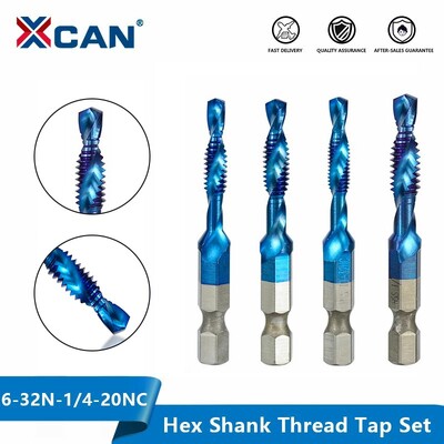 XCAN HSS Спирална винтова метчик Бормашина 6-32 8-32 10-24 10-32 12-24 1/4-20 NC Резбов метчик Шестостенна опашка Машинен дюбел Ръчен инструмент 6 бр.