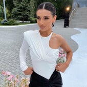 Sexy skladaný overal s jedným ramenom a odhaleným chrbtom, body s dlhým rukávom, štíhle body s vysokým pásom, klubové párty, úzke tričko