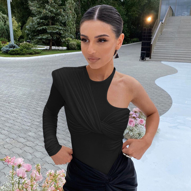 Sexy skladaný overal s jedným ramenom a odhaleným chrbtom, body s dlhým rukávom, štíhle body s vysokým pásom, klubové párty, úzke tričko