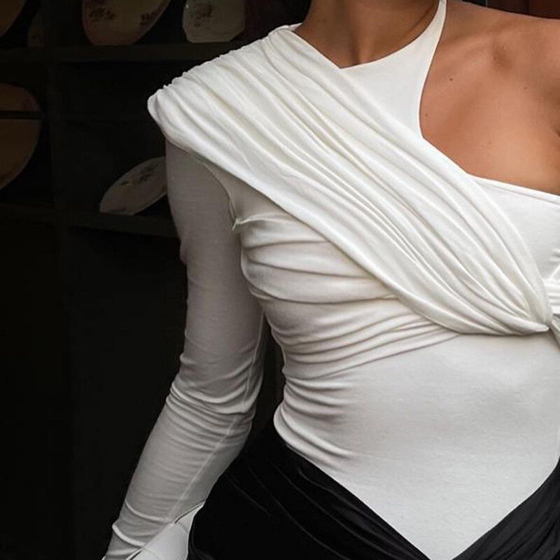 Sexy skladaný overal s jedným ramenom a odhaleným chrbtom, body s dlhým rukávom, štíhle body s vysokým pásom, klubové párty, úzke tričko