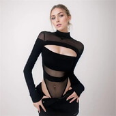 Seksīgs, dobs sieviešu bodijs ar šaurām garām piedurknēm, tīklveida topi vienkrāsains, moderns kombinezons ar apakšu, melns Y2k apģērbs