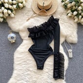 Sexy jednodielne volánikové skladané body s odhalenými ramenami, módny diagonálny golier, jeden kus, základné, hotsweet, ženy, gotický, štíhly overal