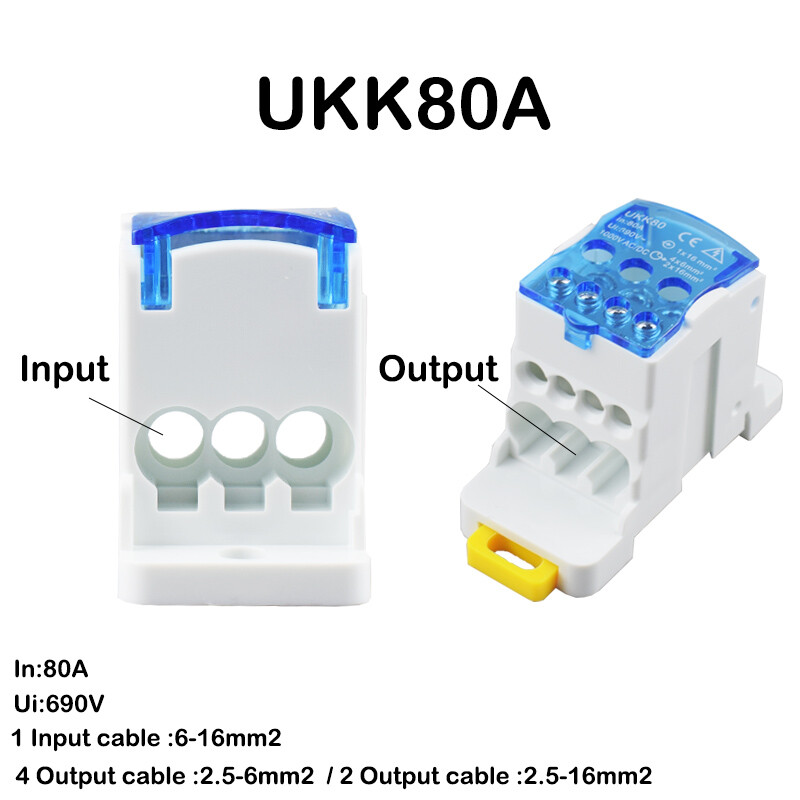 Клемен блок UKK80A UKK125A UKK160A Конектор за електрически проводник 1 в много Out Din Rail Разпределение Аксесоари за окабеляване Синьо Жълто