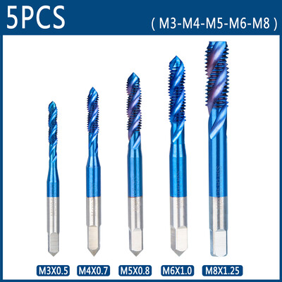 XCAN vītnes skrūvju komplekts 5gab M3-M4-M5-M6-M8 HSS skrūvējamā urbjmašīna ar nanozilu pārklājumu labās puses vītņu urbjmašīnas vītņošanas rīki