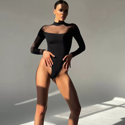 Body din plasă cu gât roscat Lenjerie sexy pentru femei, corp strâns, ținute pentru club de noapte, mânecă lungă, dantelă, corp transparent, topuri, haine Y2k
