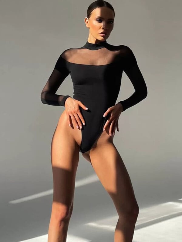 Sexy spodná bielizeň s golierom a dlhým rukávom, dámske body s priehľadným topom a rolákovým golierom, dámske oblečenie s dlhým rukávom a čipkou.