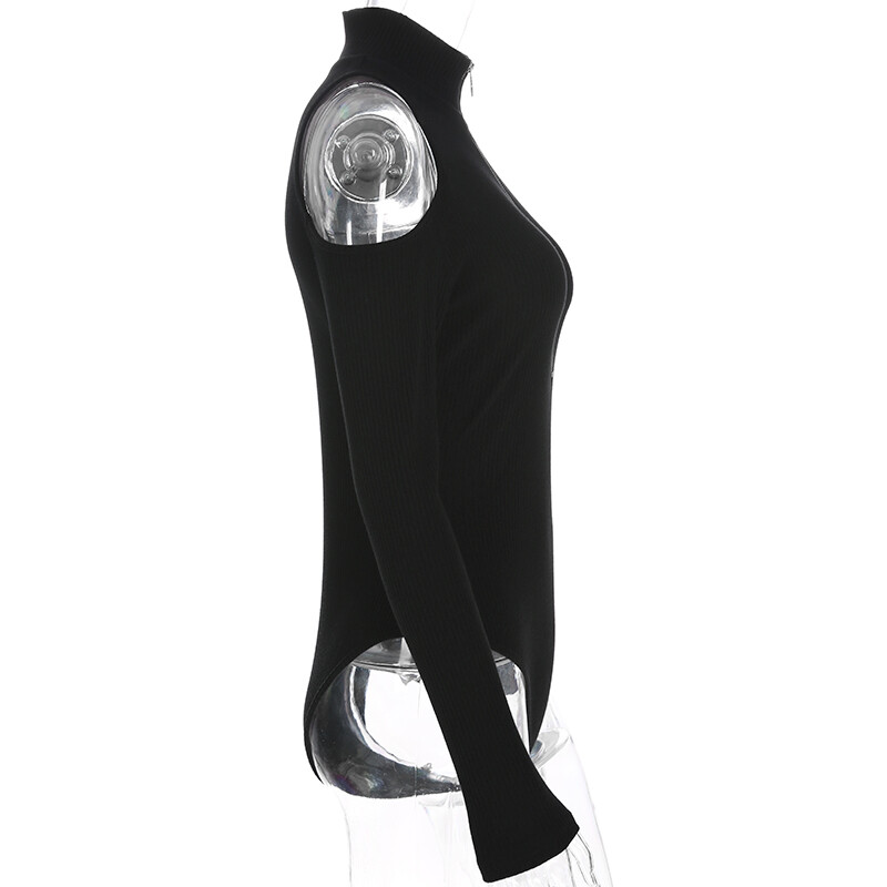 Γυναικείο κορμάκι με λαιμόκοψη κρύο ώμο μονόχρωμο μακρυμάνικο φορμάκι με μισό φερμουάρ μπροστά, λεπτή φόρμα με φερμουάρ Μπλούζες