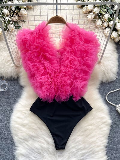 SINGREINY Sexy 3D kvetinové zostrihané puzdrové body klubové šnurovacie overaly s výstrihom do V, módne streetwear overaly s otvoreným chrbtom a zmyselné overaly