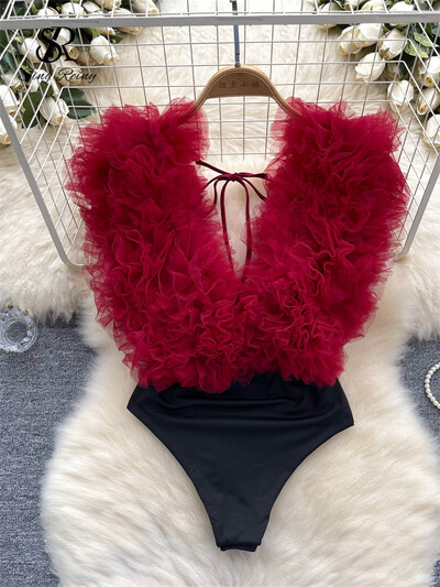 SINGREINY Sexy 3D kvetinové zostrihané puzdrové body klubové šnurovacie overaly s výstrihom do V, módne streetwear overaly s otvoreným chrbtom a zmyselné overaly