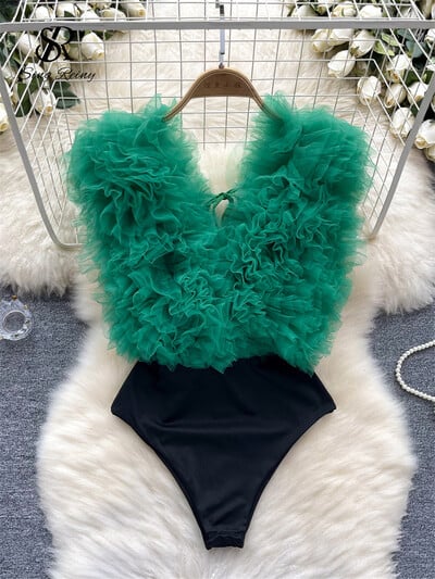SINGREINY Sexy 3D kvetinové zostrihané puzdrové body klubové šnurovacie overaly s výstrihom do V, módne streetwear overaly s otvoreným chrbtom a zmyselné overaly
