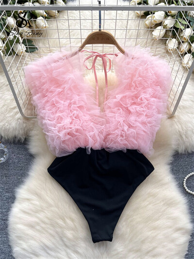 SINGREINY Sexy 3D kvetinové zostrihané puzdrové body klubové šnurovacie overaly s výstrihom do V, módne streetwear overaly s otvoreným chrbtom a zmyselné overaly