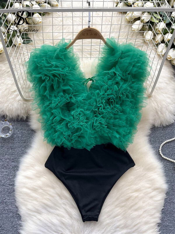SINGREINY Sexy 3D kvetinové zostrihané puzdrové body klubové šnurovacie overaly s výstrihom do V, módne streetwear overaly s otvoreným chrbtom a zmyselné overaly