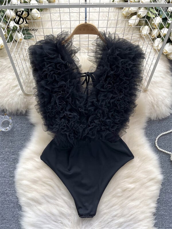 SINGREINY Sexy 3D kvetinové zostrihané puzdrové body klubové šnurovacie overaly s výstrihom do V, módne streetwear overaly s otvoreným chrbtom a zmyselné overaly