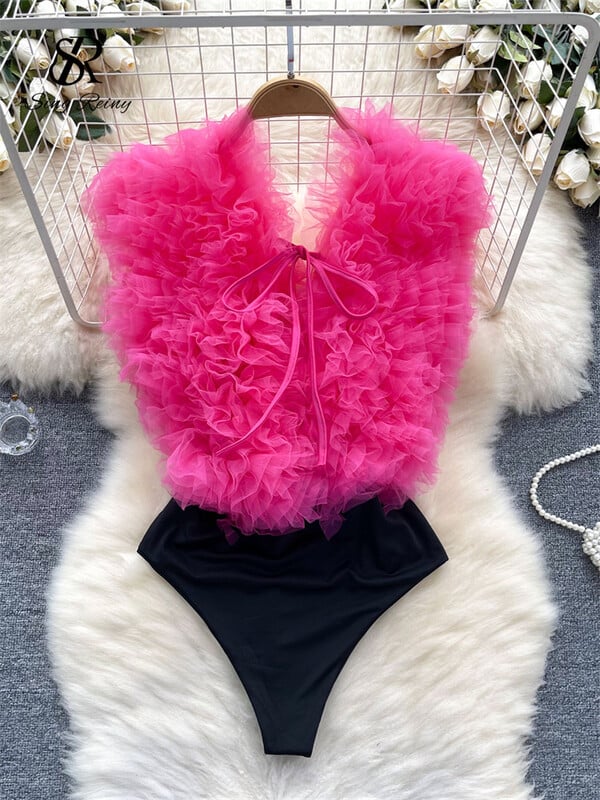 SINGREINY Sexy 3D kvetinové zostrihané puzdrové body klubové šnurovacie overaly s výstrihom do V, módne streetwear overaly s otvoreným chrbtom a zmyselné overaly