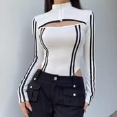 Jesenné sexy body pre ženy, nové s dlhým rukávom, vystrihnuté, patchwork, zips, rolák, bodycon, biele, módne, ležérne, streetwear