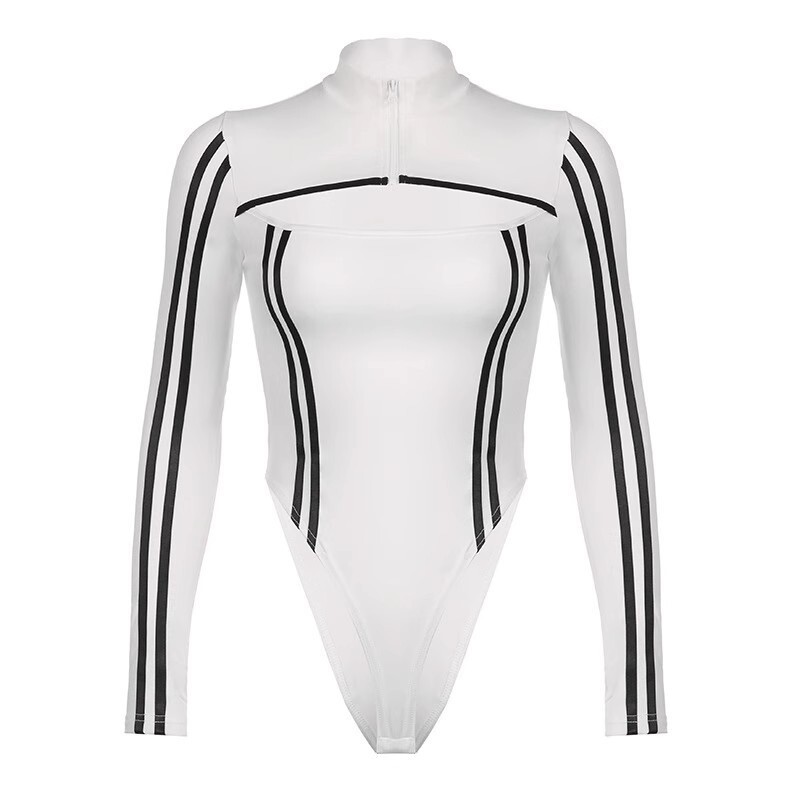 Jesenné sexy body pre ženy, nové s dlhým rukávom, vystrihnuté, patchwork, zips, rolák, bodycon, biele, módne, ležérne, streetwear