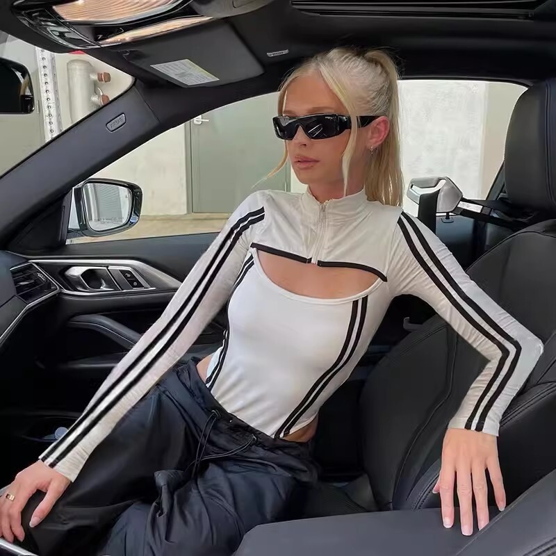 Jesenné sexy body pre ženy, nové s dlhým rukávom, vystrihnuté, patchwork, zips, rolák, bodycon, biele, módne, ležérne, streetwear