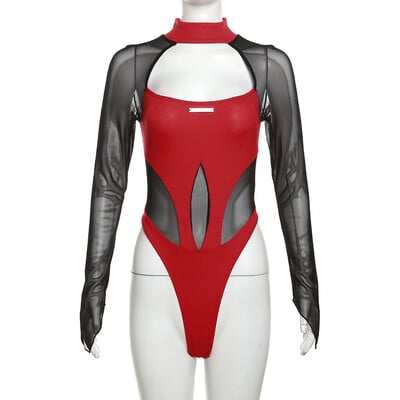 Goth Dark Sheer Mesh Patchwork Cyber Y2k Bodysuits Gotic Moto Biker Bodycon T-shirt Women Gothic Punk Body cu mânecă lungă
