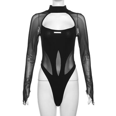 Goth Dark Sheer Mesh Patchwork Cyber Y2k Bodysuits Gotic Moto Biker Bodycon T-shirt Women Gothic Punk Body cu mânecă lungă